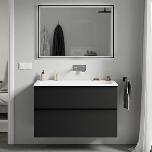 BERNSTEIN - Waschtisch zum Aufhängen, Badezimmer, MDF, Schwarz, matt, Mineralguss, Weiß, matt, ohne Hahnloch, Metallgriff, Anthrazit, matt, 100 x 46 x 62 cm – LAVOA