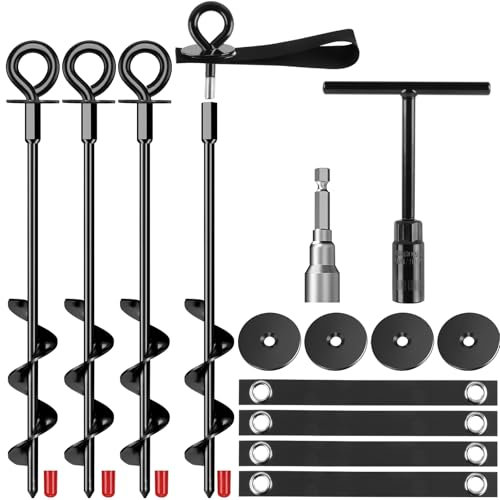 Lot de 4 ancrages de Sol pour Trampoline, 36cm Piquet Ancrage à Visser avec forets et Sangles pour Tente de Camping, Trampoline, auvents, abris de Voiture, hangars, balançoires, Vents Forts, Noir
