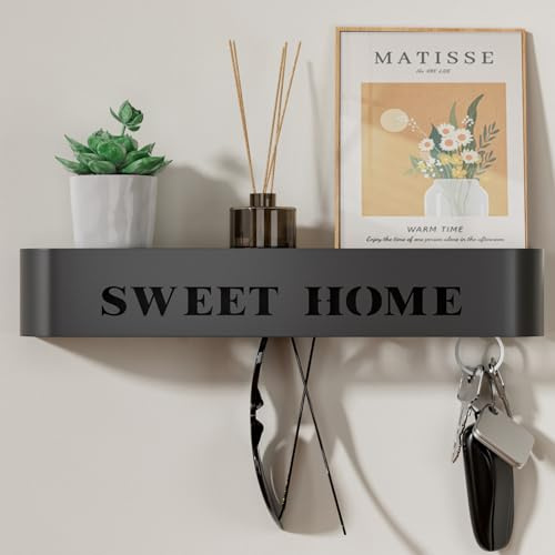 LOFTPLUS Schlüsselbrett mit Ablage Schlüsselboard Wand - Moderner Minimalistisches Schlüsselhalter, Metall Schlüsselablage mit 5 Verdeckten Wandhaken für Eingang, Flur, Küche, Wohnzimmer - Schwarz