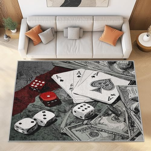 Generisch Casino-Thema Kurzflor Teppich Wohnzimmer 200x300 cm Spielkarten Würfel Teppiche Waschbar Weich - Retro Banknoten Groß Carpet für Schlafzimmer und Esszimmer