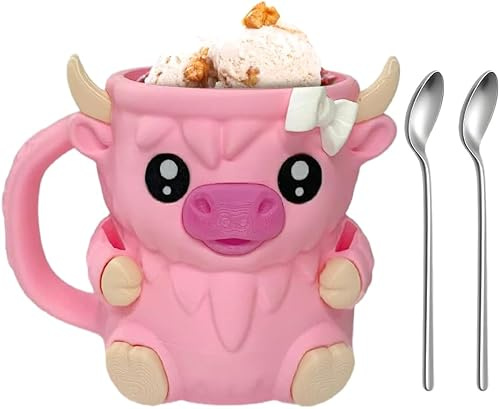 Aodejoy Highland Cow Ice Pint Holder,Niedlicher kuh Eiscreme-Pint-Halter,Anti-Freeze Hände Eisbecher Mit Löffel Schlitz,Geheimer Snackschublade,Wiederverwendbarer Eiscreme,Geschenk (Rosa mit Löffeln)
