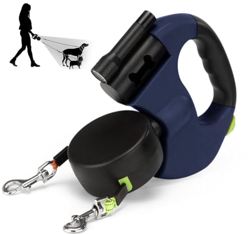 CRWEOM Hundeleine Doppelleine für 2 Hunde – Einziehbare Rollleine mit 360° Drehfunktion, LED-Beleuchtung & Reflektierendem Nylon | Ergonomischer Griff (Blau)