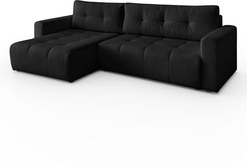 Margaret Hadas24 Ecksofa L-Form Viola 261 x 143 cm mit Schlaffunktion, Bettkasten, modernes Sofa, Schlafsofa, Schlafcouch, Lammfelloptik, Bequeme Wohnlandschaft, Stauraum, universale Seite (schwarz)