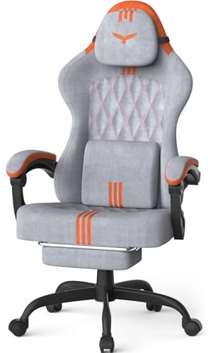 Ferghana Sedia Gaming Ergonomica - Supporto Lombare, Poggiatesta, Poggiapiedi, Altezza Regolabile, Velluto Tessile Traspirante, Adatta Anche Come Sedia Ufficio, Scrivania o PC (Grigio-Arancione)