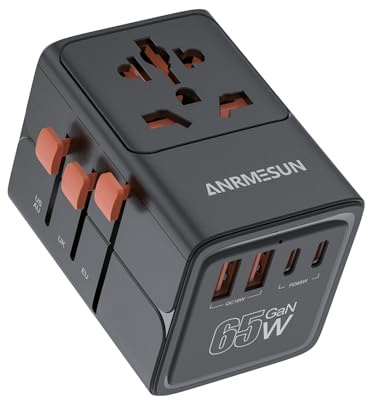 65W GaN Reiseadapter Weltweit, Universal Travel Adapter Reisestecker mit 2 USB C und 2 USB A, Schnellladen Internationaler Steckdosenadapter für EU UK USA Japan Thailand Australien, Schwarz