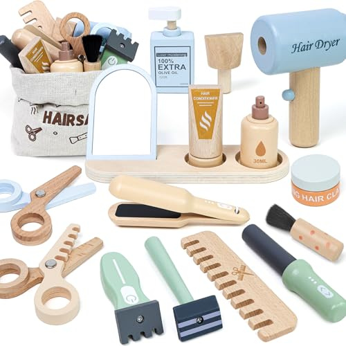 Masonbaby Kit de Coiffure pour Enfants,Jouets de Salon de Coiffure,Jeu de Rôle de Coiffuresavec Sèche-Cheveux,Accessoires de Salon de Coiffure,Cadeaux d'anniversaire,Noël pour Garçons Filles