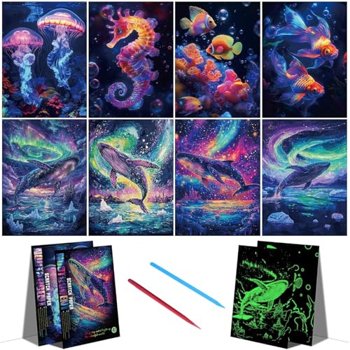 8 Pièces Carte Gratter Dessin Gratter Adulte+2 Pièces Stylo Spécialisé Dessin Gratter,25,2 x 31,5 cm (A4) Scratch Art Activités Manuelles,Cartes Vœux Cadeaux Fêtes Noël Cadeau d'Anniversaire Signet