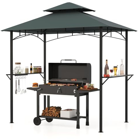 COSTWAY Grillpavillon mit Doppeldach, Seitenregalen, 7 Haken, Grillüberdachung wetterfest, Grillunterstand für BBQ Garten Außenbereich, Pavillon Gartenlaube Metallrahmen, 240 x 151 x 255 cm (Grau)