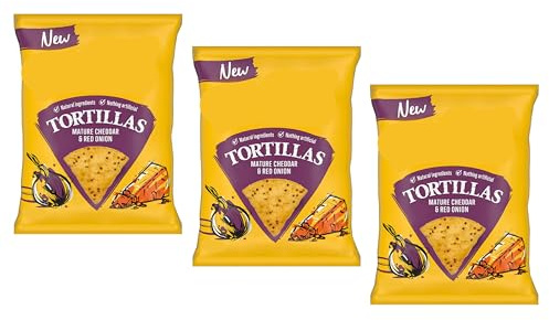 Tortillas Mature Cheddar & Red Onion Flavour Chips, Natural Ingredients, Gluten-Free, High Fibre, Vegetarian, 140g,Pack Of 3