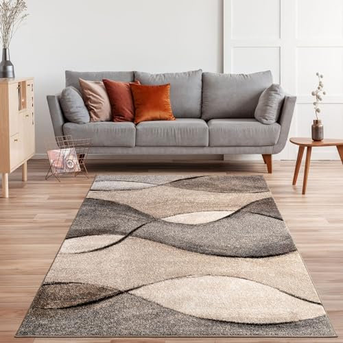 TT Home Teppich Modern Wohnzimmer Webteppich Modern Style Wellen Meliert Grau Beige Creme, Größe:120x170 cm
