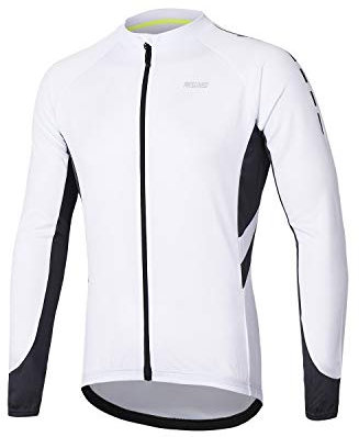 ARSUXEO Men's Cycling Jersey Long Sleeve Full Zipper Cycling Top with 3 Deep Pockets Bike Shirt 6030 White S