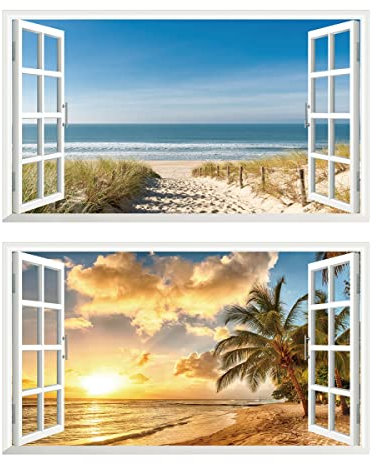 2Pcs Wandtattoo Meer Strand Beach Natur Landschaft 3D Effekt XXL Wandaufkleber Fenster Selbstklebend Wandsticker für Junge Mädchen Kinderzimmer Groß 1000mmx600mm V02