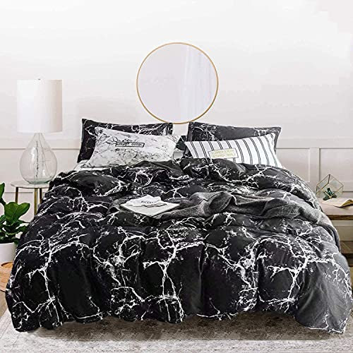 Jumeey Schwarzer Bettbezug Queen Marmor Bettwäsche-Sets Queen Schwarzer Marmor Bettbezug Full Size Schwarz und Grau Bettbezug Modern Männer Frauen Teen Junge Gothic Marmor Bett Abstrakte Schwarze