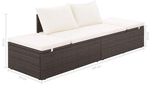 tidyard Garten Sonnenliege Verstellbar, mit 1 Sitzpolster und 2 Kissen, 195 x 60 x 60 cm, Braun und Cremewei?, Liegestuhl Gartenliege Schlafliege