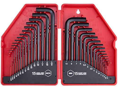 EFFICERE 30-Piece Premium Hex Key Allen Wrench Set, SAE and Metric Assortment, L Shape, Chrome Vanadium Steel, Precise and Chamfered Tips | SAE 0.028-3/8 inch, Metric 0.7-10 mm | In Storage Case