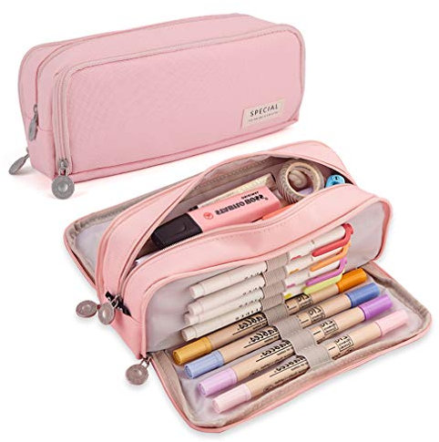 iSuperb Grande Trousse à Crayons à 3 Compartiments - Grande capacité - Oxford - Trousse de Rangement pour stylos et cosmétiques - pour Femme, Rose, Moderne