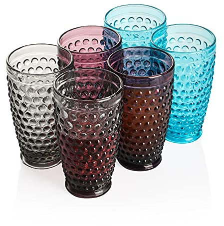 Hobnail altmodisches eisgekühltes Getränkeglas, 370 ml, 6 Stück, hochwertiges Glas-Set für Erfrischungen, Soda-Saft, perfekt für Dinner-Partys, Bars und Restaurants (mehrfarbig, Highball)