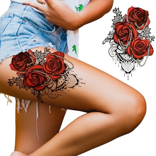 Tatdoays tatouage temporaire roses rouges perles blanches dentelle noire motard femmes autocollant body art déguisement fête d'halloween