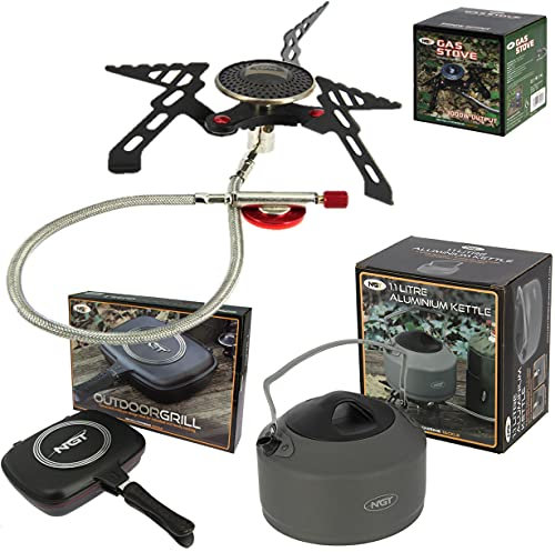 NGT Fishing Gas Portable Stove 3000w + Fast Boil Kettle + Outdoor Double Grill