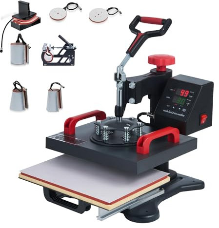 CREWORKS Presse à Chaud 30x23CM 8 en 1 Machine de Transfert à Chaleur Plateaux Pivotant à 360° Contrôle Numérique de Durée et Température avec Accessoires pour Tasse Chapeau Assiette Capuchon