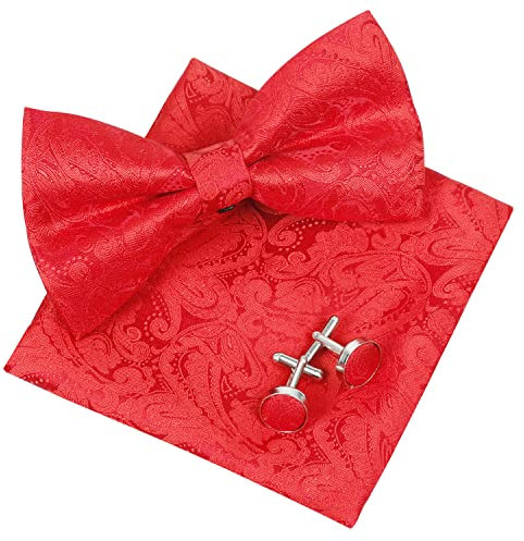 Alizeal Herren Retro Paisley Set mit vorgebundener Fliege, Einstecktuch und Manschettenknöpfen, Rot