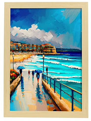 Nacnic Poster Bondi Beach im Ölgemälde Stil. Illustrationen von Denkmälern und Städten im fotografischen Vollfarbstil. Innenarchitektur und Dekoration. A4 mit Leichtholzrahmen.