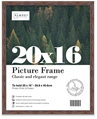 Almost Frameless 20x16 Walnut Picture Frame 20x16(50.8x40.6cm) Poster, Photo, Artwork, or Print. Thin Edge Slim Frame Portrait and Landscape Display with Wall Hooks