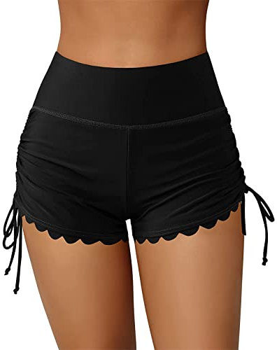 Pantalón corto de baño para mujer de bajo traje de baño corto de cintura alta bragas Boxer con cordón para playa piscina natación deporte, Negro , L