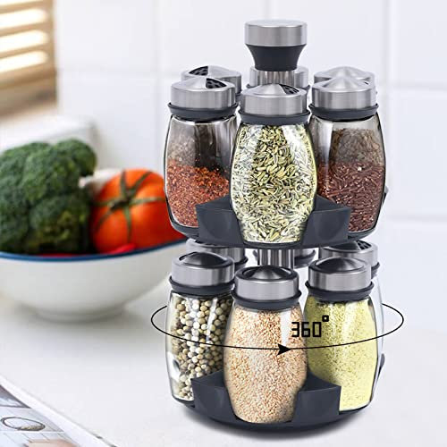 MINUS ONE 12 Jar Revolving Spice Rack Organizer Storage Stand Glass Seasoning Box Cruet Bottle Condiment Pots Set with 360°Rotating Holder, Salt & Pepper Herb Shakers for Kitchen Cooking Oil Sugar