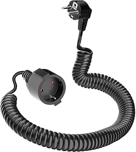 Cavo Prolunga Schuko, Con presa/spina Schuko, Cavo a Spirale con Contatto di Protezione Estensibile da 0,9 m a 5 m Max, IP20 (230 V/16 A), Nero