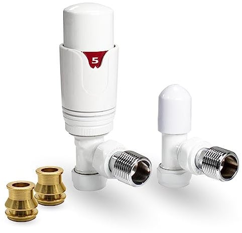 Thermostatic TRV Angled White Radiator Valves 1/2 x 15mm with Brass Radiator Reducer Compression Valve - 15mm to 10mm