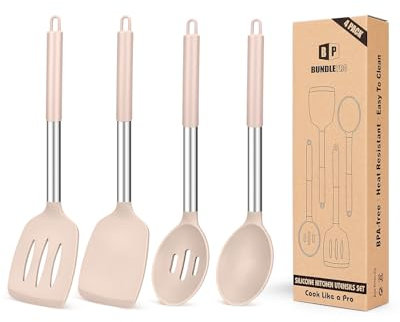 Pack of 4 Silicone Cooking Utensils Set, Non Stick Large Solid Spatulas, Heat Resistant Stainless Steel Khaki Slotted Spoons, Ideal BPA Free Kitchen Turners for Frying, Mixing,Serving,Draining,Turning