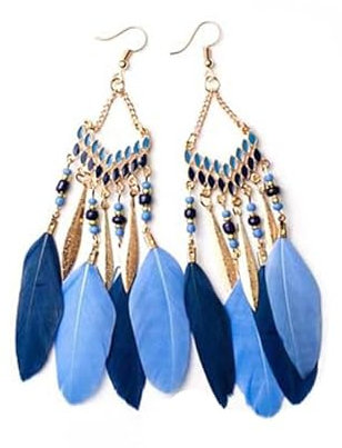 BSLVWG Böhmische Feder Ohrringe für Frauen, Faux Feder Ohrringe Böhmische Fransen Ohrringe Quaste Handmade Long Drop Dangle Earrings Ethnic Long Feather Fringe Earrings für Frauen und Mädchen (Blau)