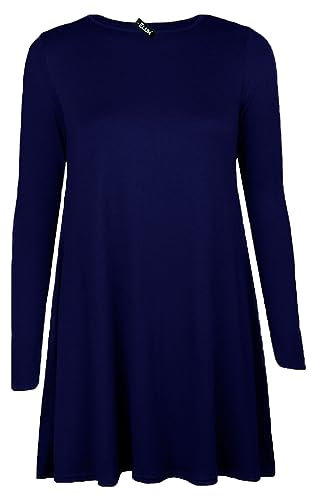 Tease Womens Plain Long Sleeve Stretch A Line Skater Flared Swing Dress Top Plus Size T-Shirt 8-26 (24, Navy)