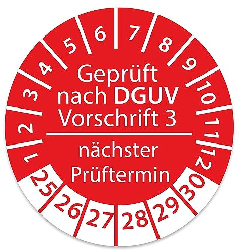 Prüfplakette DGUV V3 Nächster Prüftermin E-Check Elektro - 2025-2030 - Wasserfest/UV-Schutz - 30mm Plakette für Tritte Leitern Feuerlöscher Maschinen (1.000 Stk., DGUV V3 - Rot)