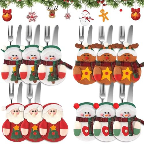 ZZRSYJ Bolsa Cubiertos Navidad, 12 Piezas Porta Cubiertos Navideños Bolsas, Fieltro Bolsita para Cubiertos de Navidad, Soporte para Cubiertos de Navidad, para Cubiertos de Navidad para Decoración (E)