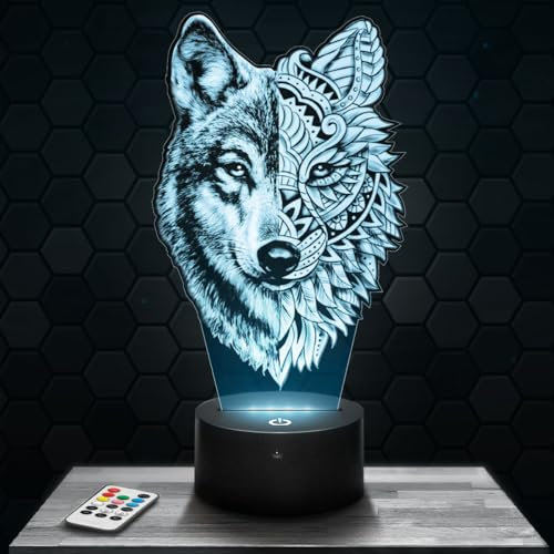 Lampephoto.fr Nachttischlampe Wolf Doppelseitig deko Tier Realistisch Mandala. Geschenkidee Mann Frau objekt Wolf Doppelseitig Nachtlicht Erwachsene deko Zimmer. Weihnachten TOP