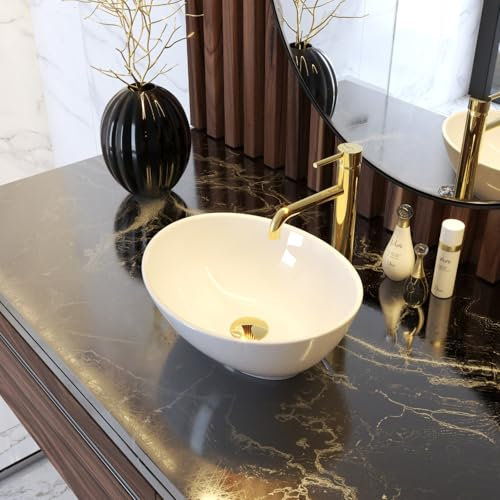 GRANITAN runder Waschtisch für Badarbeitsplatte, weiß elegantes Waschbecken für Badarbeitsplatte, Keramik Waschbecken 40 x 32,5 cm, Set Click Plug (Klik klak Gold)