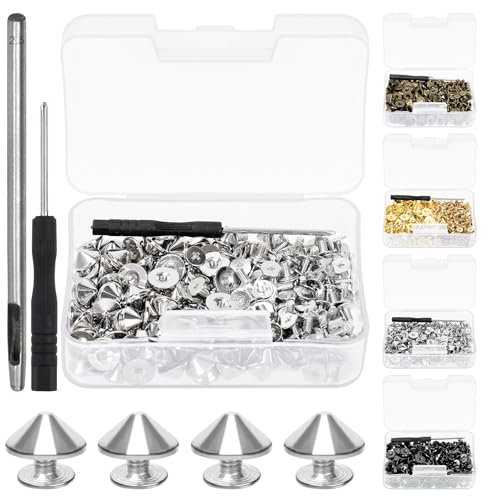 Swpeet Juego de 102 puntas de cono y tachuelas de color plateado con perforador y destornillador, tornillos de remache rápido para cuero trasero, puntas de cono de bala para ropa, zapatos,