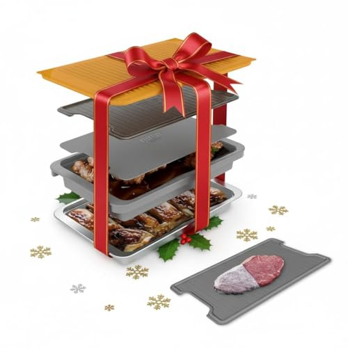 Grill Prep N Serve mit Auftauschale | Edelstahl-Serviertablett, Aluminium-Auftaubrett, Schneidebrett, Schnappdeckel, Marinadentablett.