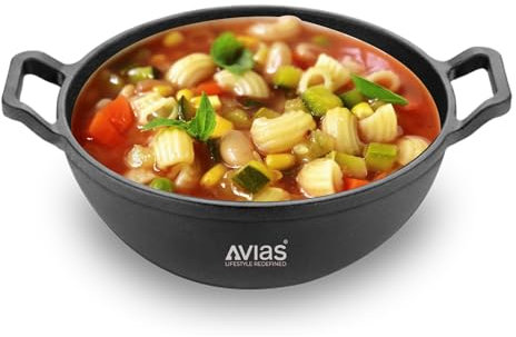 AVIAS Cast Iron Kadai For Deep Frying, 24 CM Kadhai, Used For Cooking & Stir Fry, Gas And Induction Friendly Base, Pre-Seasoned Cookware For Kitchen, Set Of 1, Loha Kadahi 24 CM,Black