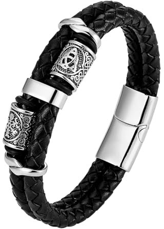 Flongo Leder Armband Herren Wikinger: Thors Hammer Dreieck Lederarmband schwarz silber Edelstahl Mjölnir Gravur Kette Viking leather schmuck geflochten mehrschichtig Lederband für Männer Damen