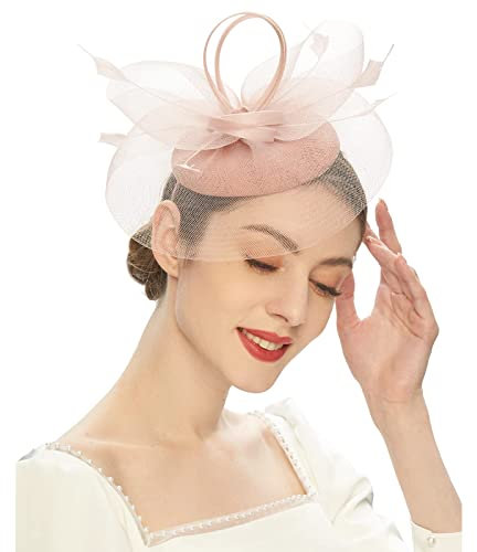Kielsjajd Damen Fascinator Hut, Mesh Federn Stirnband Tea Party Clip Kopfbedeckung Haarschmuck für Party Kirche Hochzeit für Frauen Mädchen, Damen Fascinator Hut mit Federn Schleier (a-Pink, One Size)