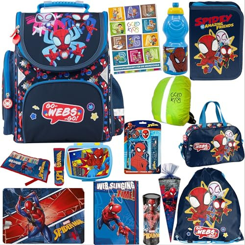 Goldkids - Schulranzen für Jungen und Mädchen, 14er-Set - Schul-Rucksack für Kinder mit Federmäppchen - Schuhbeutel Malunterlage Sammelmappe und Hausaufgabenheft - Spiderman Motiv - 1-3 Klasse