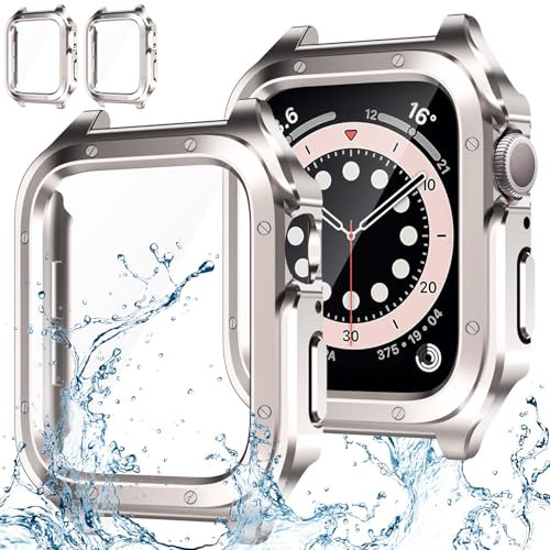 Jvchengxi 2 Pièces Coque Protection 44mm pour Apple Watch SE SE2 Series 6 5 4, Étanche PC Case HD Protecteur D'écran en Verre Trempé Intégré Boîtier Antichoc pour iWatch 44mm - Starlight