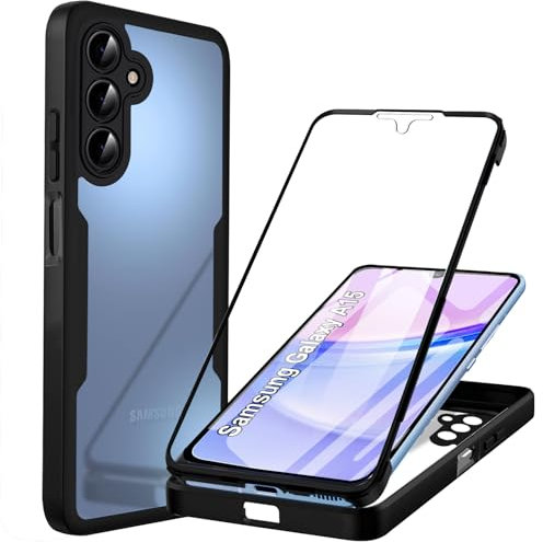 Coque Compatible avec Samsung A15 4G/5G Antichoc Housse pour Galaxy A15 Coque avec Protège-écran 360 Full Body Protection Etui Robuste Double Face Transparent TPU Coque pour Samsung Galaxy A15, Noir