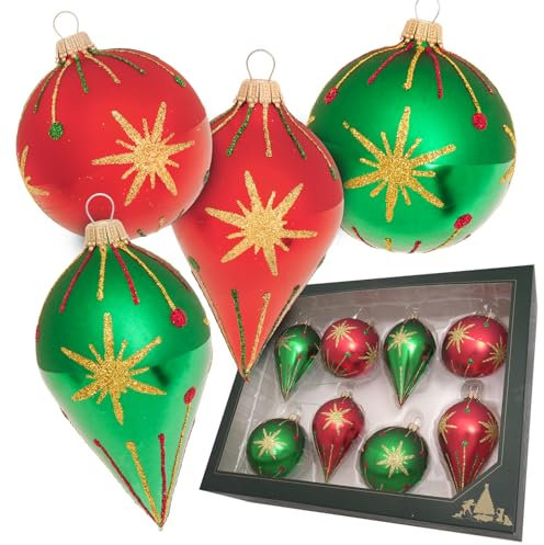 Krebs Glas Lauscha - Weihnachtsdekoration/Christbaumschmuck aus Glas - Kugel und Tropfen mit Bethlehem Stern Gold - Farbe: Rot und Grün - Größe: ca. 7-10 cm