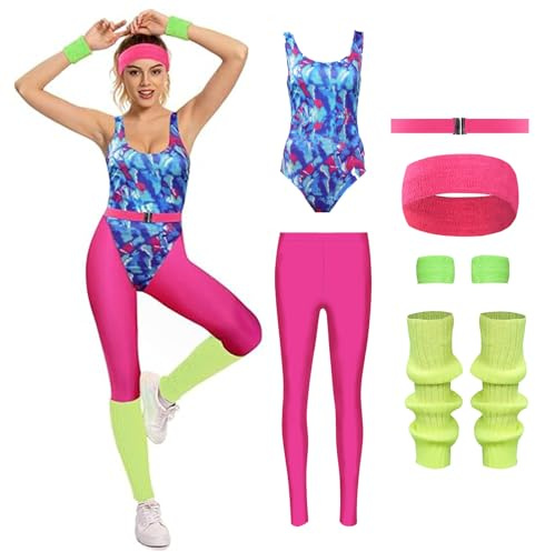Cyborey 80er Jahre Workout Kostüm Damen Bunt Vintage Aerobic Overall Verkleidung