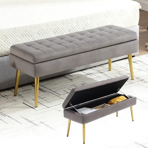 Moderner Sitzhocker Sitzbank mit Stauraum, Samt Fußbank Flurbank Aufbewahrungsbox mit Goldene Metallbeine, Bis 150 kg belastbar, für Wohnzimmer Schlafzimmer Flur, 111 × 35 × 44,5cm (Dunkelgrau)