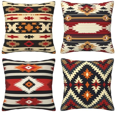 HOSTECCO Azteken Kissenbezüge 50x50 cm 4er Set Ethnische Tribal Kissenbezüge Mexikanische Dekokissen Kissenbezüge für Sofa Couch